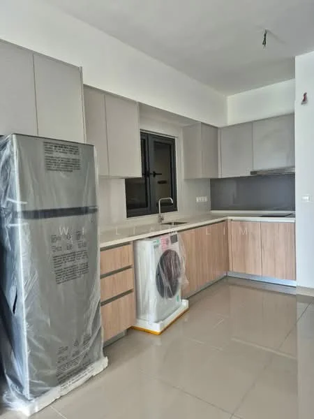 Kitchen features: grey cabinetry, wooden lower cabinets, white countertop, stainless-steel sink, chrome pull-down faucet, built-in oven, fridge, front-load washing machine, tile flooring, window with black frame, neutral wall color, recessed lighting; style: modern.