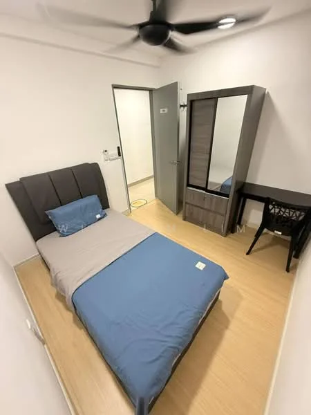 Bedroom features: queen-size bed with grey upholstered headboard, blue bedding, wooden flooring, 5-blade ceiling fan, built-in wardrobe with sliding doors, study desk with black chair, white painted walls, door leading to hallway; style: modern.