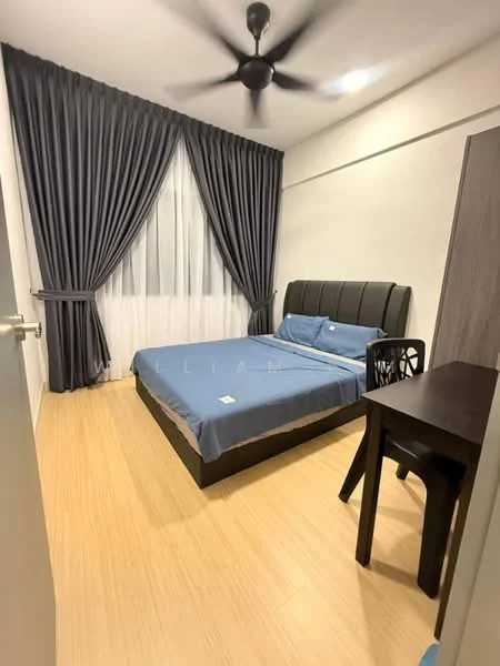 Bedroom features: king-size bed with upholstered headboard, blue bedding, floor-to-ceiling windows with sheer curtains, grey curtains, light wood flooring, 5-blade ceiling fan, black study desk, black dining chair; style: modern.