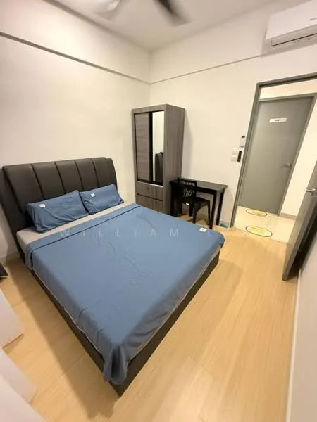 Bedroom features: queen-size bed with grey upholstered headboard, blue bed linens, wooden flooring, ceiling fan, built-in wardrobe with mirror, small black study desk, chair, wall-mounted air conditioning unit, light switch panel, door to hallway; style: modern.