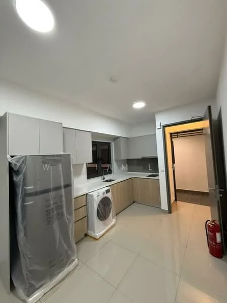 Kitchen features: grey cabinetry, wooden lower cabinets, white countertop, stainless-steel fridge, front-load washing machine, single-bowl stainless-steel sink, chrome pull-down faucet, tile flooring, recessed downlights, window with view to outside; style: modern.