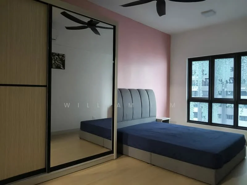 Bedroom features: king-size bed, upholstered headboard, mirrored wardrobe with sliding doors, wooden flooring, ceiling fan, nightstand, floor-to-ceiling windows, curtains; style: modern.