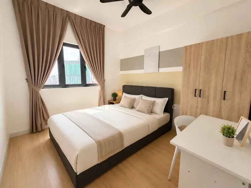 Bedroom features: queen-size bed with upholstered headboard, bedding in neutral tones, 2 bedside pillows, wooden wardrobe with sliding doors, white study desk, chair, floor-to-ceiling window, curtains in beige, wooden flooring, decorative plant on desk, wall art above bed, accent wall with horizontal stripes; style: modern; view: city.