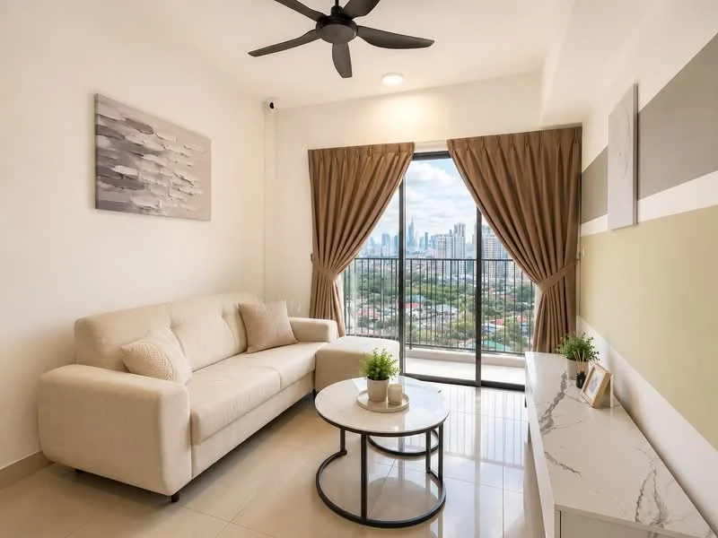 Living features: 3-seater fabric sofa in beige, round coffee table with marble top, floor-to-ceiling windows, curtains in brown, wall-mounted TV console, decorative wall art, light-colored walls, recessed downlights, ceiling fan; style: modern; view: city.