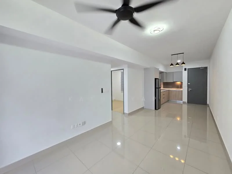 Living features: white painted walls, glossy tile flooring, 5-blade ceiling fan with light, recessed downlights, kitchen area with cabinetry, stainless-steel fridge, pendant lighting over kitchen counter, open layout, doorway leading to another room; style: modern.