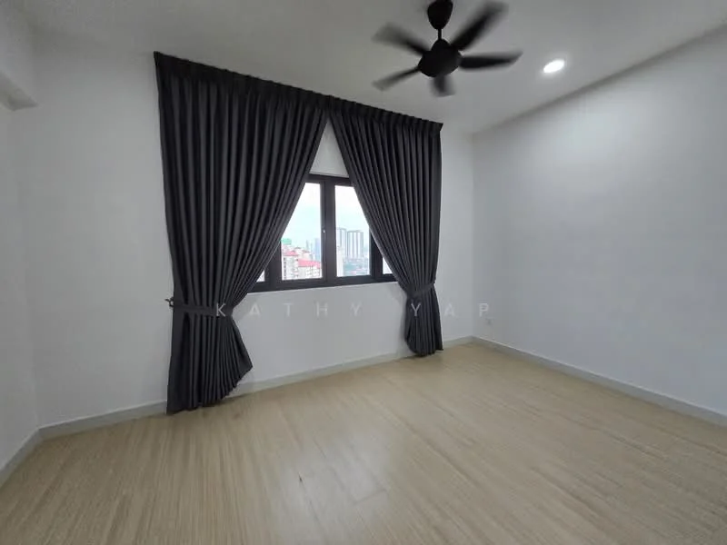 Room features: light wood flooring, white painted walls, blackout curtains, floor-to-ceiling window, 5-blade ceiling fan with light, recessed downlights; style: modern; view: city.