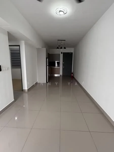 Room features: white painted walls, glossy tile flooring, recessed ceiling lights, ceiling fan, open layout, kitchen area visible, stainless-steel fridge, doorway leading to another room; style: modern.