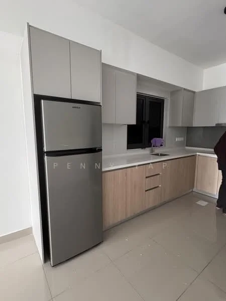 Kitchen features: grey cabinetry, wooden lower cabinets, white countertop, stainless-steel fridge, single-bowl stainless-steel sink, chrome pull-down faucet, ceramic tile flooring, window above sink, modern cabinet handles, built-in kitchen appliances, neutral wall colour, recessed lighting; style: modern.