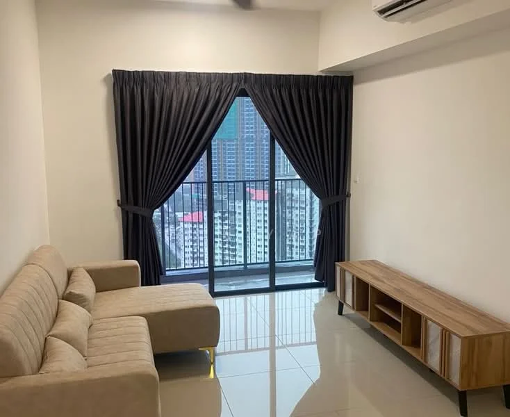 Living features: 3-seater fabric sofa in beige, floor-to-ceiling windows, blackout curtains, wooden TV console, glossy tile flooring, air conditioning unit, city view, recessed ceiling lights; style: modern; view: city.