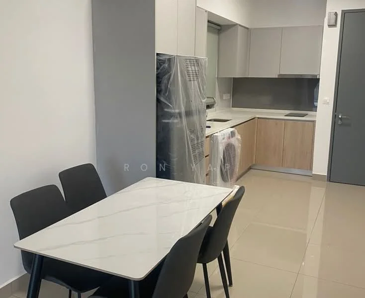 Kitchen features: grey cabinetry, white countertop, stainless-steel fridge, built-in oven, freestanding washing machine, ceramic tile flooring, neutral wall colour, single-bowl stainless-steel sink, chrome pull-down faucet, open layout, dining table with marble top, black dining chairs; style: modern.