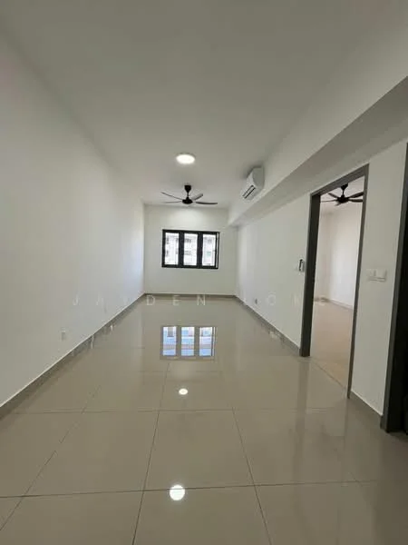 Living features: white painted walls, glossy ceramic tile flooring, 5-blade ceiling fan with light, recessed downlights, floor-to-ceiling windows, air conditioning unit, neutral color scheme, open layout; style: modern.