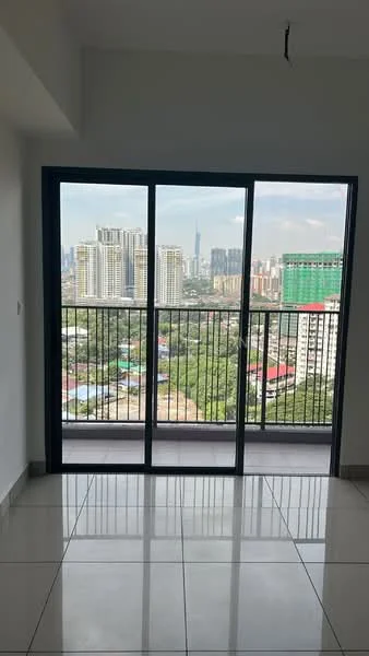 Room features: floor-to-ceiling sliding glass door, white painted walls, grey tiled flooring, city skyline view, balcony access; style: modern; view: city.
