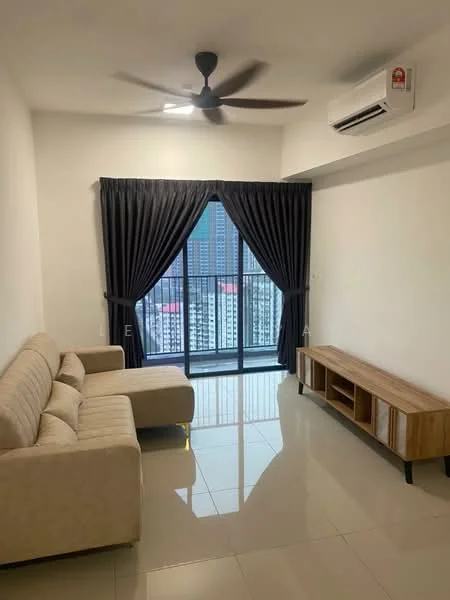 Living features: beige fabric L-shape sectional sofa, wooden TV console with open shelving, floor-to-ceiling windows, blackout curtains, white painted walls, glossy tile flooring, 5-blade ceiling fan with light, wall-mounted split AC; style: modern; view: city.