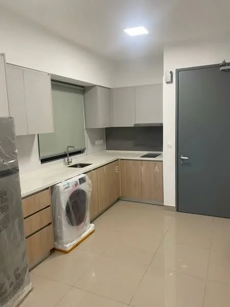 Kitchen features: light grey cabinetry, wooden lower cabinets, white countertop, single-bowl stainless-steel sink, chrome pull-down faucet, built-in oven, ceramic tile flooring, recessed LED downlights, window with roller blinds, washing machine, neutral wall colour; style: modern.