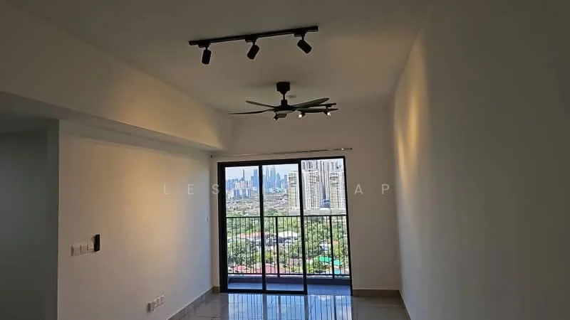 Room features: white painted walls, polished tile flooring, 5-blade ceiling fan, track lighting, floor-to-ceiling sliding glass door, balcony with city view; style: modern; view: city.