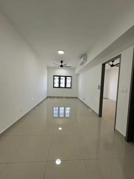 Living features: white painted walls, glossy beige tile flooring, 5-blade ceiling fan with light, recessed downlights, floor-to-ceiling windows, air conditioning unit, sliding glass door, natural light from windows; style: modern.