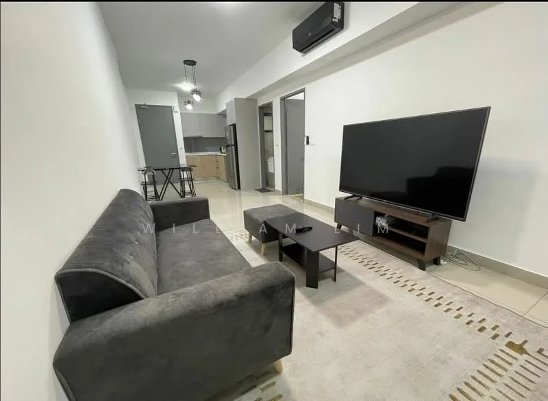 Living features: grey fabric sofa, black coffee table, TV console, wall-mounted TV, area rug with geometric pattern, recessed downlights, air conditioning unit, cream painted walls, tile flooring; style: modern. Kitchen features: kitchen cabinetry, stainless-steel appliances, countertop, open layout; style: modern.