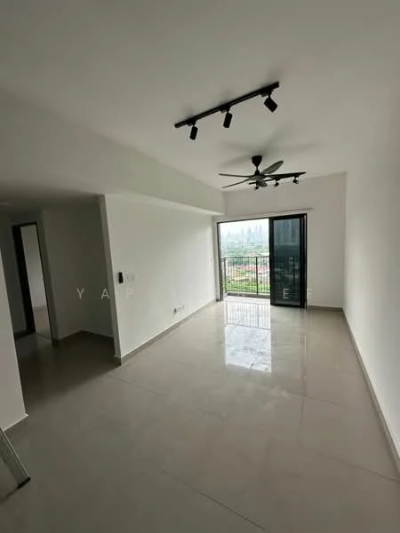 Living features: white painted walls, polished ceramic tile flooring, 5-blade ceiling fan with light, track lighting, floor-to-ceiling sliding glass door, balcony access, city view, recessed lighting; style: modern; view: city.