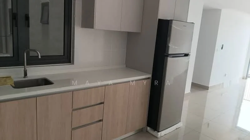 Kitchen features: single-bowl stainless-steel sink, chrome pull-down faucet, light wood cabinetry, white countertop, stainless-steel fridge, ceramic tile flooring, grey tiled backsplash, window with black frame, open layout to living area, recessed lighting; style: modern.