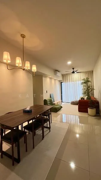 Living features: dining table with 6 chairs, pendant light fixture with 3 shades, sofa in brown upholstery, green accent chair, floor-to-ceiling windows with sheer curtains, potted plant, wall-mounted air conditioning unit, polished ceramic tile flooring, neutral painted walls, ceiling fan; style: modern; view: garden.
