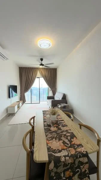 Dining features: wooden dining table, upholstered dining chairs, decorative table runner, floor-to-ceiling windows, curtains, 5-blade ceiling fan with light, wall-mounted TV, light-colored walls, tile flooring, sofa, coffee table, area rug; style: modern; view: city.