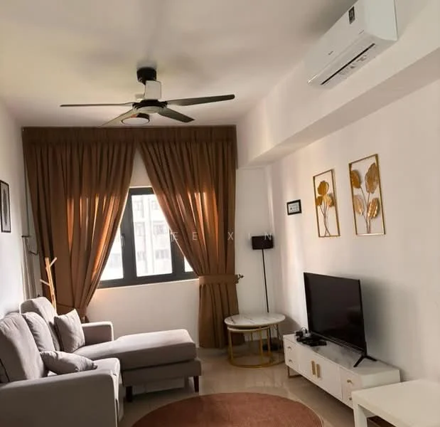 Living features: 3-seater fabric sofa in grey, coffee table, wall-mounted TV, area rug, floor-to-ceiling window, brown curtains, ceiling fan with light, wall art with framed prints, light-colored walls, glossy tile flooring, air conditioning unit; style: modern.