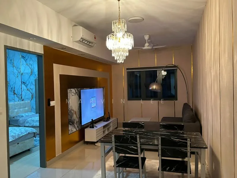 Living features: chandelier light fixture, 5-blade ceiling fan, wall-mounted TV, TV console with white cabinetry, grey sectional sofa, black and white marble dining table, 4 dining chairs, decorative wall with gold accents, cream painted walls, large window with city view, recessed lighting, tile flooring; style: modern; view: city.