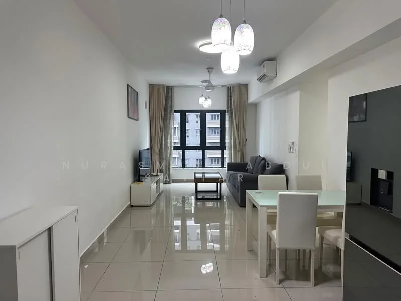 Living features: grey fabric sofa, white dining table, 4 upholstered dining chairs, wall-mounted TV, TV console, white sideboard, recessed ceiling lights, ceiling fan, large windows with sheer curtains, glossy tile flooring, neutral wall color, decorative wall art; style: modern.