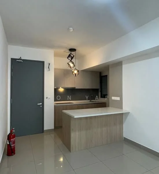 Kitchen features: white painted walls, grey cabinetry, light wood cabinetry, marble countertop, pendant light fixture, open layout, ceramic tile flooring, single-bowl stainless-steel sink, built-in oven, kitchen island; style: modern.