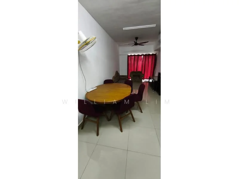 Dining features: round wooden dining table, 4 upholstered dining chairs in purple, ceiling fan, white painted walls, glossy tile flooring, red curtains, decorative wall art, sideboard or console table; style: modern.