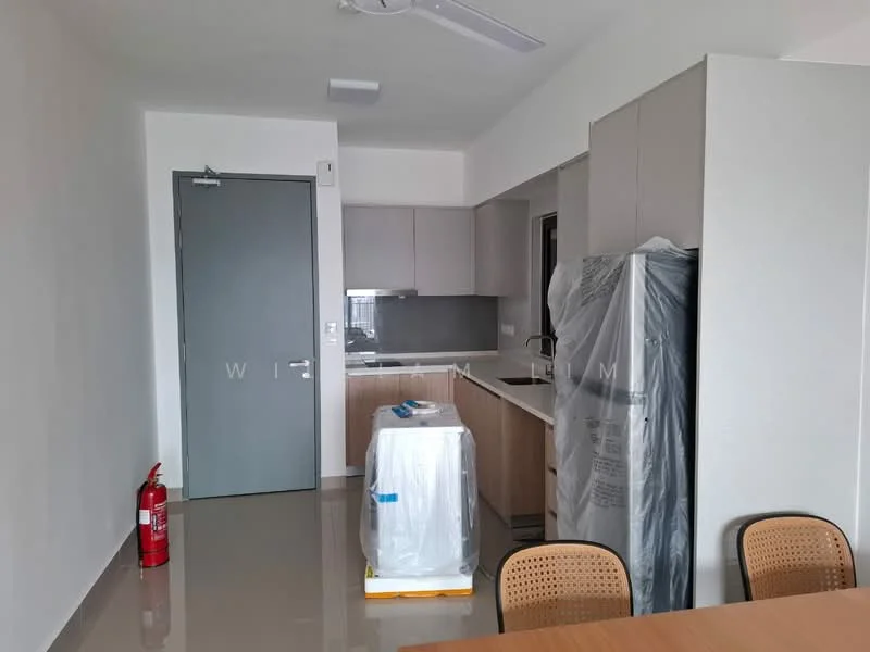 Kitchen features: light grey cabinetry, white countertop, stainless-steel fridge wrapped in plastic, built-in oven, ceramic tile flooring, grey backsplash, single-bowl stainless-steel sink, chrome pull-down faucet, wall-mounted split AC, ceiling fan, fire extinguisher, dining table with chairs; style: modern.