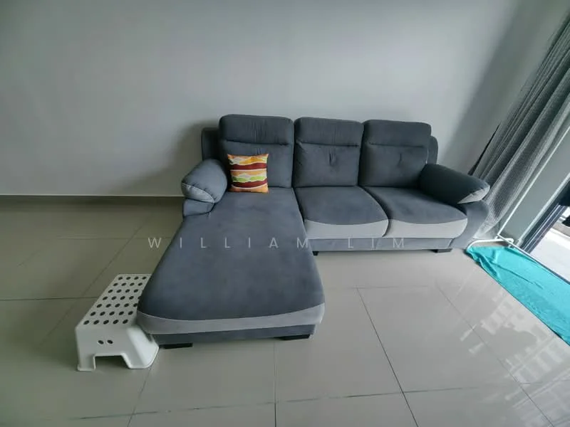 Living features: L-shape sectional sofa in grey, decorative cushion with striped pattern, white plastic stool, large floor-to-ceiling windows, grey walls, glossy ceramic tile flooring, curtains, sliding glass door, natural light from window; style: modern.