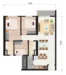 Floor plan: 2-bedroom 1-bathroom unit; features: open-plan kitchen-dining-living, master bedroom with ensuite bathroom, all bedrooms with windows, balcony off living room, utility room, central foyer, 1 car porch.