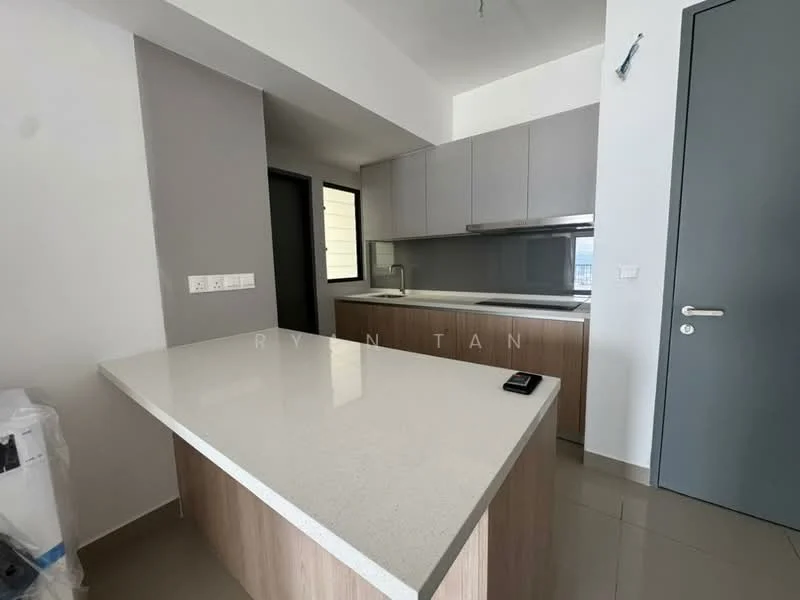 Kitchen features: island countertop with white quartz surface, wood cabinetry, grey wall cabinets, stainless-steel sink, chrome pull-down faucet, built-in oven, ceramic tile flooring, recessed downlights, window with natural light, neutral wall colour, modern design; style: modern.