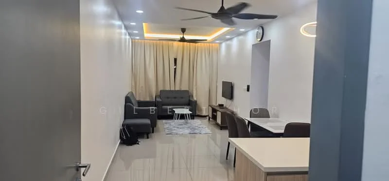 Living features: 3-seater fabric sofa in grey, 2-seater leather sofa, coffee table, wall-mounted TV, area rug with geometric pattern, ceiling fan with light, recessed LED downlights, curtains, dining table with chairs, tile flooring, white painted walls, decorative wall clock; style: modern.