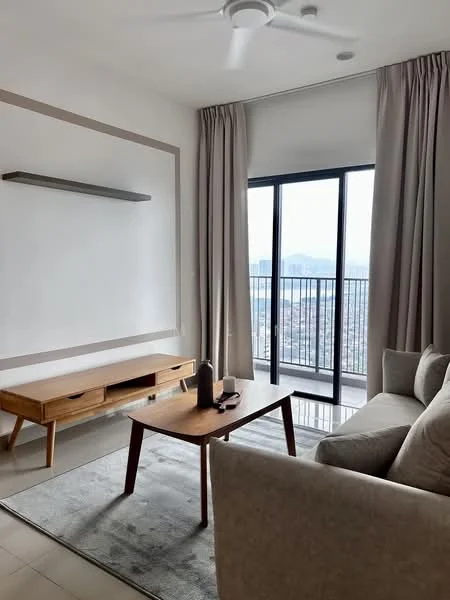 Living features: floor-to-ceiling windows, grey fabric sofa, wooden coffee table, TV console, light grey area rug, curtains, ceiling fan, wall-mounted shelf, city view; style: modern; view: city.