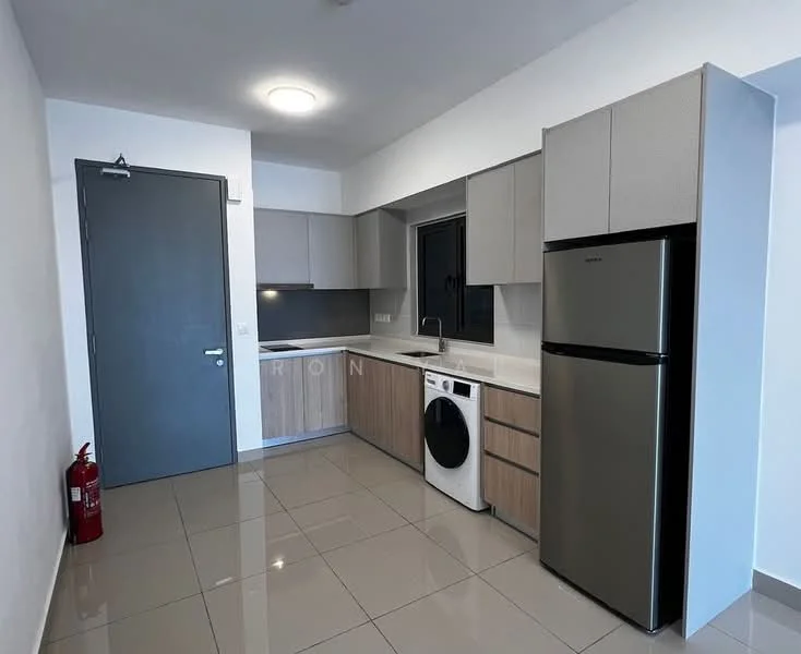 Kitchen features: grey cabinetry, wooden cabinetry, white countertop, stainless-steel fridge, built-in oven, front-load washing machine, single-bowl stainless-steel sink, chrome pull-down faucet, ceramic tile flooring, recessed downlights, window with view, fire extinguisher mounted on wall; style: modern.