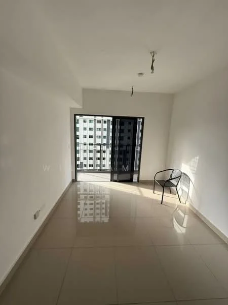 Living features: white painted walls, glossy ceramic tile flooring, floor-to-ceiling windows, sliding glass door, natural light from windows, single black wire chair, ceiling light fixture, no visible decor; style: modern; view: city.