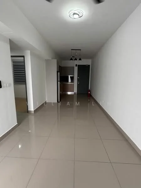 Room features: white painted walls, glossy ceramic tile flooring, recessed ceiling lights, ceiling fan, open layout, kitchen area visible, stainless-steel fridge, doorway leading to another room; style: modern.