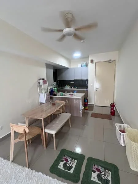 Living features: 5-blade ceiling fan, dining table with 4 chairs, bench seating, grey tiled flooring, white painted walls, kitchen area with cabinets, stainless-steel sink, countertop with appliances, fire extinguisher, door with security latch, laundry basket; style: modern.