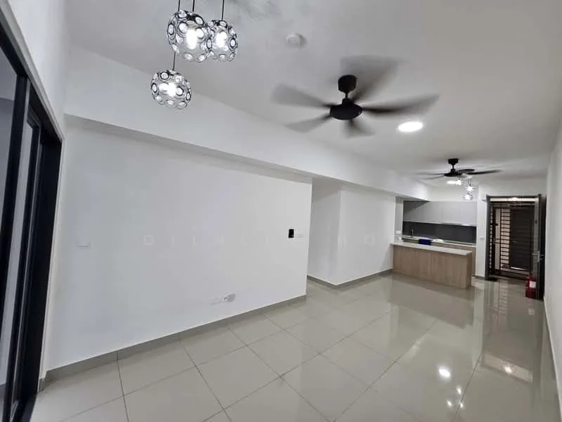 Living features: white painted walls, glossy tile flooring, 2 ceiling fans, 3 pendant lights, open kitchen layout, kitchen island, sliding glass door, recessed lighting; style: modern.