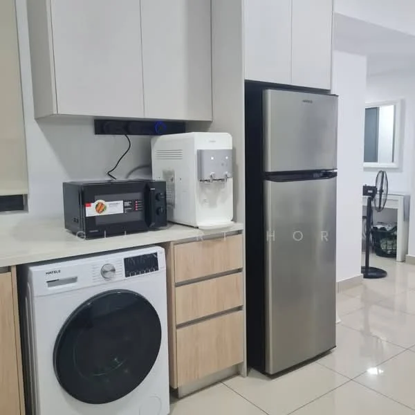 Laundry features: white front-load washing machine, stainless-steel refrigerator, black microwave, water dispenser, light-colored cabinetry, cream countertop, glossy tile flooring, wall-mounted electrical outlets; style: modern.