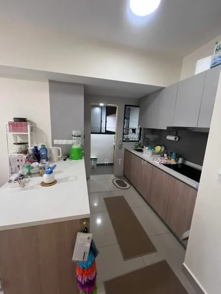 Kitchen features: L-shaped kitchen layout, white upper cabinets, wooden lower cabinets, black countertop, single-bowl stainless-steel sink, chrome pull-down faucet, built-in stove, microwave, kettle, dish rack, various kitchen utensils, tile flooring, recessed ceiling light; style: modern.