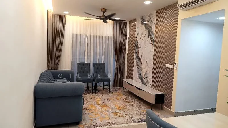 Living features: 3-seater fabric sofa in blue, 2 upholstered chairs in grey, coffee table, area rug with geometric pattern, wall-mounted TV cabinet, floor-to-ceiling windows with sheer curtains, recessed downlights, ceiling fan, decorative wall with marble pattern, cream painted walls, grey accent wall; style: modern.