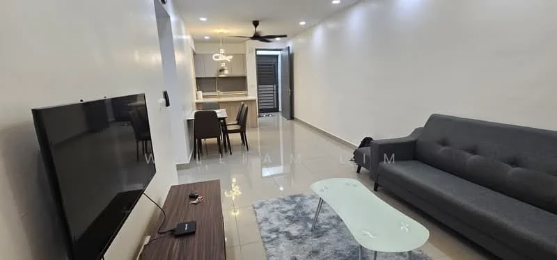 Living features: grey fabric sofa, coffee table with glass top, TV console, wall-mounted TV, area rug with geometric pattern, ceiling fan, recessed LED downlights, white painted walls, glossy tile flooring; style: modern. Dining features: 4-seater dining table, wooden dining chairs, open layout to living area; style: modern.