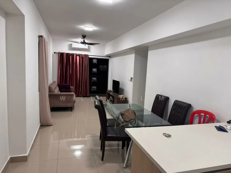 Living features: white painted walls, glossy ceramic tile flooring, ceiling fan with light, sofa in beige, glass dining table, 4 black dining chairs, red plastic chair, TV console, wall-mounted TV, curtains in burgundy, decorative items on table; style: modern.