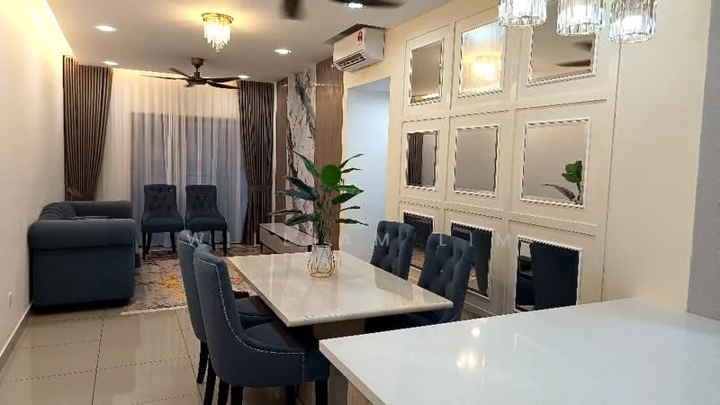 Dining features: marble dining table, upholstered dining chairs in blue, chandelier lighting, recessed downlights, decorative mirror panels, plant in decorative pot, grey wall with accent lighting, tile flooring; style: modern. Living features: 3-seater fabric sofa in blue, 2 accent chairs, area rug with geometric pattern, floor-to-ceiling windows with sheer curtains, wall-mounted air conditioning unit, ceiling fan, decorative wall art, light-colored walls; style: modern.
