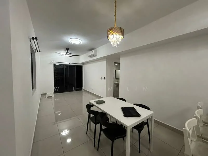 Dining features: white painted walls, glossy ceramic tile flooring, 5-blade ceiling fan with light, chandelier, dining table with white surface, black dining chairs, sliding glass door, air conditioning unit; style: modern.