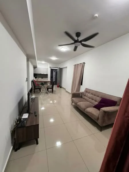 Living features: 3-seater fabric sofa in beige, flat-screen TV on wooden console, dining table with chairs, ceiling fan with light, wall-mounted curtains, glossy tiled flooring, white painted walls, recessed lighting, open layout to kitchen; style: modern.