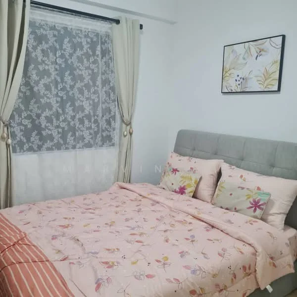 Bedroom features: queen-size bed with upholstered headboard, pink floral bedding, decorative pillows, curtains with sheer and solid fabric, wall-mounted artwork with floral design, light-colored walls, carpeted flooring, bedside table, lamp on bedside table; style: modern.